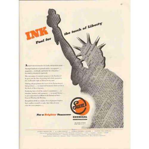 sun chemical corp 1947 printing ink fuel torch of liberty vintage ad