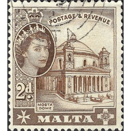 MALTA, Queen Elizabeth II, Mosta Dome, brown 1956, 2d, #4