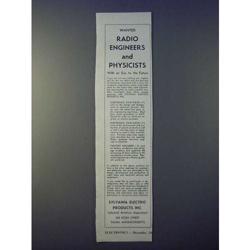 1943 Sylvania Electric Products Ad - Wanted radio engineers and physicists