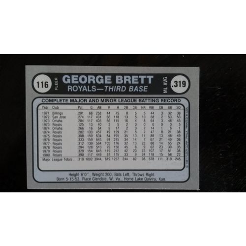 1981 Fleer Star Sticker Card # 116 George Brett Ex (5) Kansas City Royals