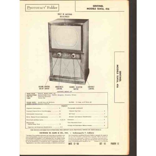 SENTINEL model 1U416 416 TV television receiver Sams Photofact manual