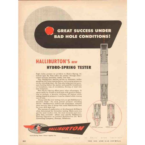 HALLIBURTON OIL WELL CEMENTING 1953 success hydro-spring vintage ad