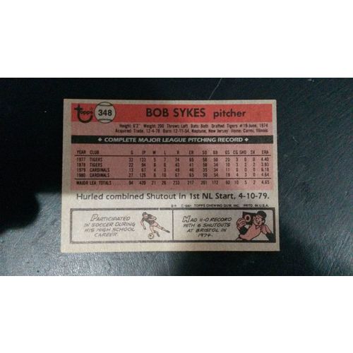 1981 Topps Card # 348 Bob Sykes Very Good (3) St Louis Cardinals