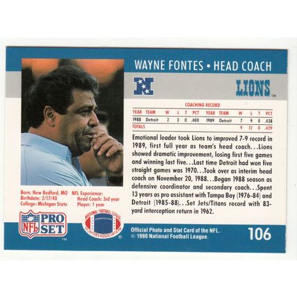 1990 Pro Set Football card 106 Lion's Coach Wayne Fontes