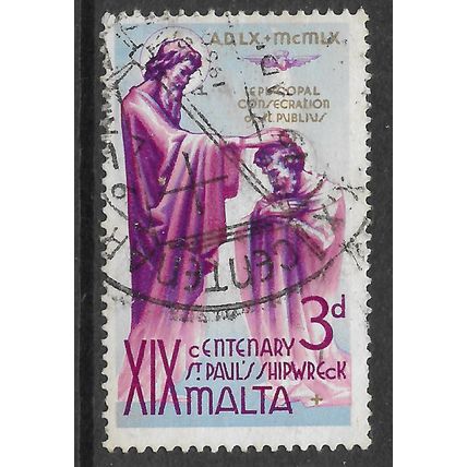 MALTA 1960 ANNIV OF ST PAULS SHIPWRECK 3d BRIGHT PURPLE GOLD SG 296 FINE USED