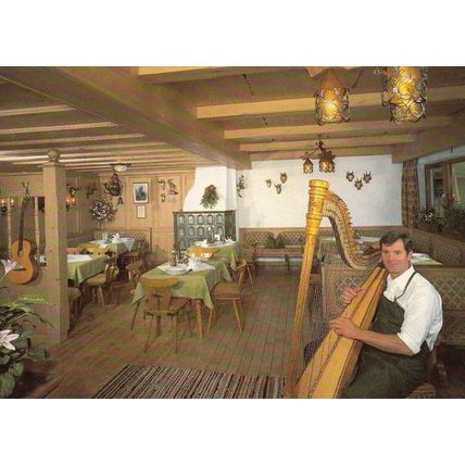 Mayrhofen Restaurant Switzerland Harp Player Greeting Guests Postcard