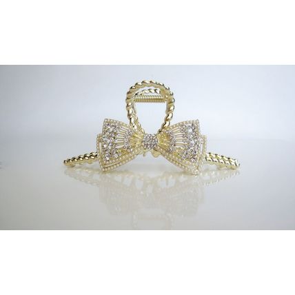 Long one sided crystal bow gold metal hair claw clip for medium thick hair