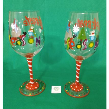 PAIR of HANDPAINTED PIER 1 CELEBRATE THE SEASON CHRISTMAS SANTA 9" WINE GLASSES