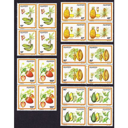 Rwanda Bananas Pineapple Papaya Avocado Strawberries Fruits 5v Blocks of 4