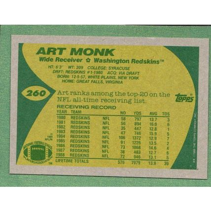 Art Monk #260 1989 Topps