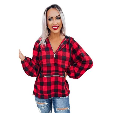 Red Buffalo Plaid Zipped Front Pocketed Hoodie