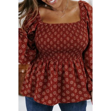Plus Size Square Neck Printed Peplum Top