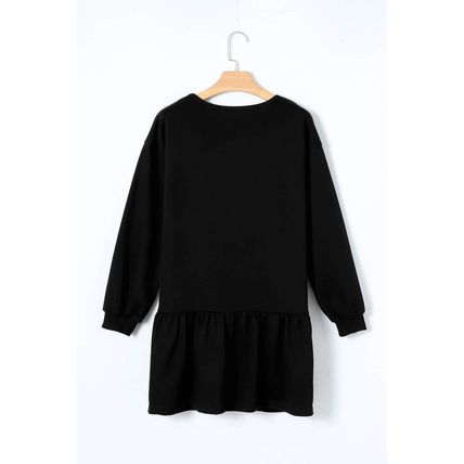 Black Solid Color Puff Sleeve Ruffle Hem Mini Dress