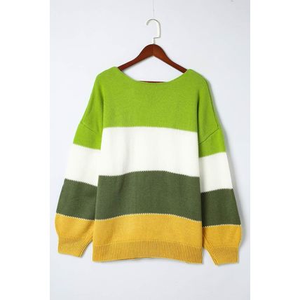 Green Plus Size Color Block Patchwork Sweater