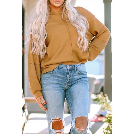 Exposed Seam Patchwork Bubble Sleeve Waffle Knit Top