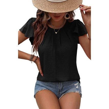 Black Solid Color Textured Pleated Flutter Sleeve Blouse