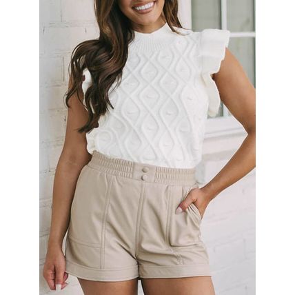 White Textured Ruffled Mock Neck Knitted Vest