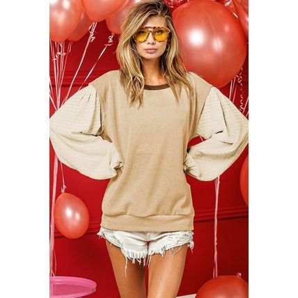 Smoke Gray Textured Patchwork Crew Neck Puff Sleeves Blouse