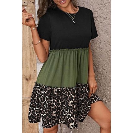 Jungle Green Leopard Print Colorblock Frill Trim T-shirt Dress