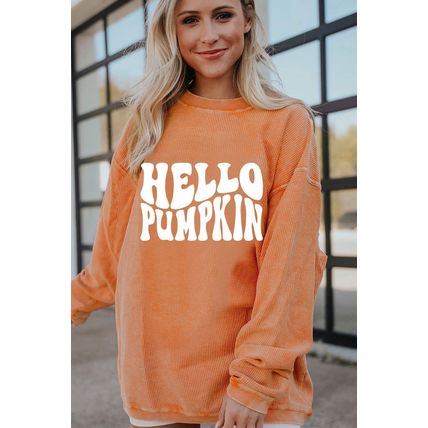 Orange HELLO PUMPKIN Letter Graphic Corded Sweatshirt