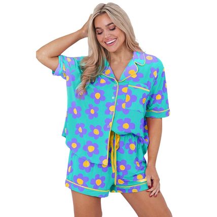 Green Flower Print Short Sleeve Shirt Pajamas Set