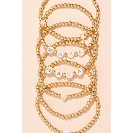 Gold 6Pcs MAMA Heart Star Shape Beaded Bracelet Set