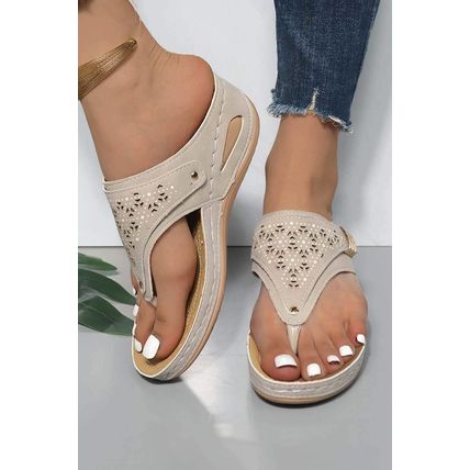Beige Hollow Out Clip Toe Wedge Slippers