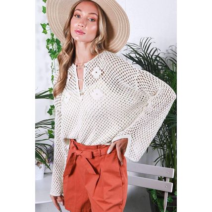 White Open Knit Buttoned Neck Split Sleeve Sweater