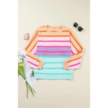 Multicolour Gradient Striped Ribbed Edge Loose Sweater