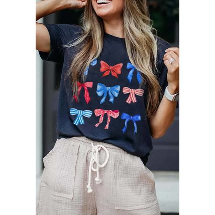 Blue Diverse Bowknot Print Independent Day Graphic Tee