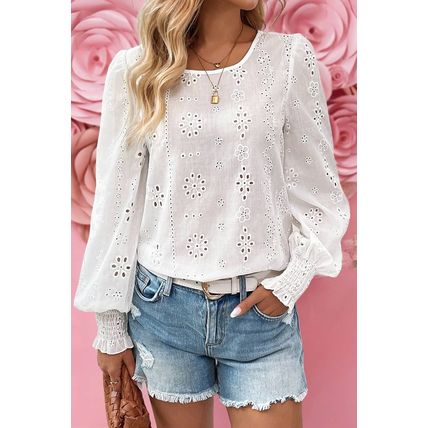 White Eyelet Embroidered Smocked Cuff Sheer Blouse