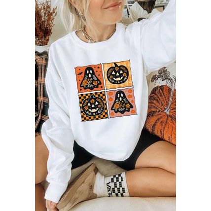 White Halloween Ghost Pumpkin Face Floral Checkered Graphic Sweatshirt