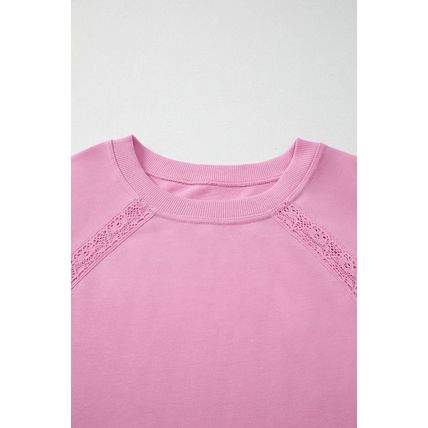 Bright Pink Lace Patched Raglan Sleeve Loose Fit Sweatshirt