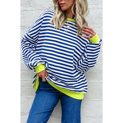 Sky Blue Stripe Striped Contrast Ribbed Trim Crossed Stitch Drop Shoulder Sweats