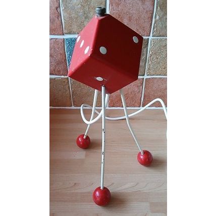 Atomic Tripod Red & Cream Wooden Dice Lamp, Ball Feet, retro, vintage