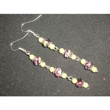 One off blended purple yellow & white glass long swing earrings