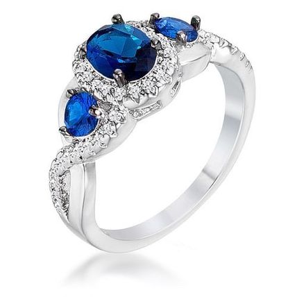 1.43Ct Rhodium & Hematite Plated Sapphire Blue & Clear CZ Three Stone Twisted...