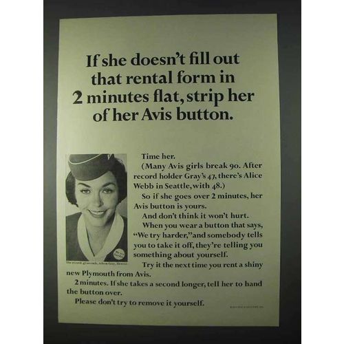 1966 Avis Rent-a-Car Ad - Strip Her Of Her Button