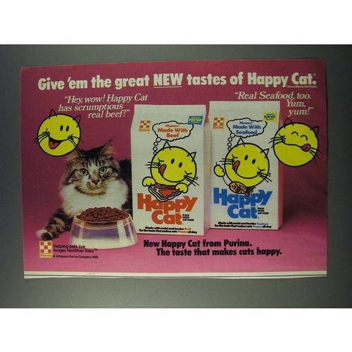 1986 Purina Happy Cat Food Ad - Give 'em the great new tastes of Happy Cat