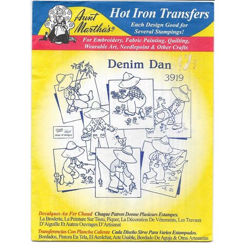 Aunt Martha’s Hot Iron Transfers 3919 Denim Dan 7 pieces of Artwork Uncut