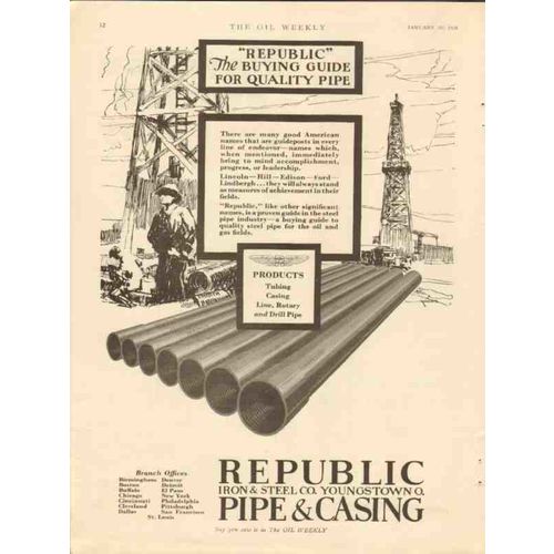 REPUBLIC IRON STEEL COMPANY 1928 guide quality pipe oil vintage ad