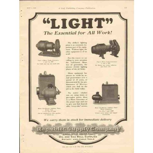 REPUBLIC SUPPLY COMPANY 1928 Light essential all work oil vintage ad