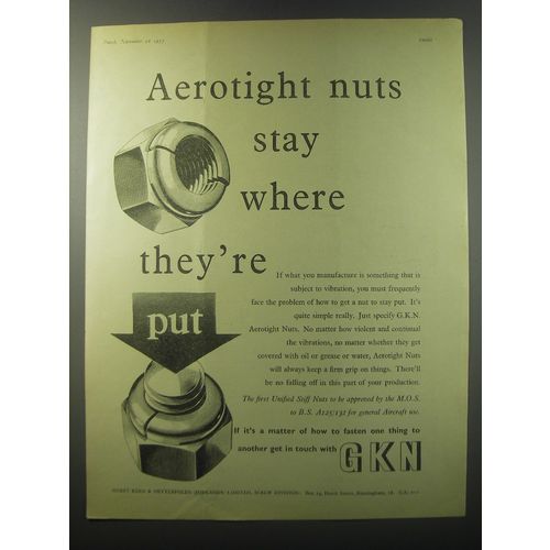 1955 GKN Aerotight Nuts Ad - Aerotight nuts stay where they're put