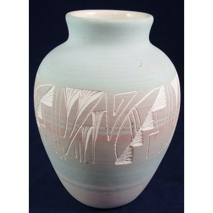 Vintage Mesa Verde Etched Pastel Pottery Vase Signed Native American USA