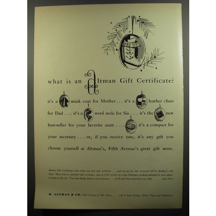 1952 B. Altman & Co. Gift Certificates Ad - What is an Altman gift certificate?