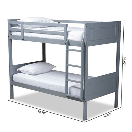 Twin Bunk Bed Wood Frame Fixed Ladder Guard Rails Walnut Brown Gray Contemporary