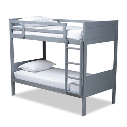 Twin Bunk Bed Wood Frame Fixed Ladder Guard Rails Walnut Brown Gray Contemporary