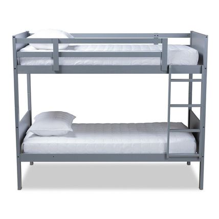 Twin Bunk Bed Wood Frame Fixed Ladder Guard Rails Walnut Brown Gray Contemporary