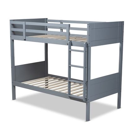 Twin Bunk Bed Wood Frame Fixed Ladder Guard Rails Walnut Brown Gray Contemporary