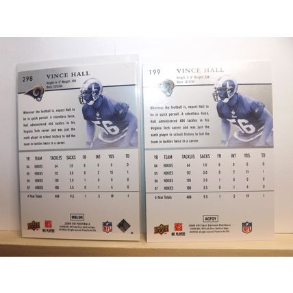 2008 Upper Deck VINCE HALL (Rams) Star Rookies x 2 #298 & #199